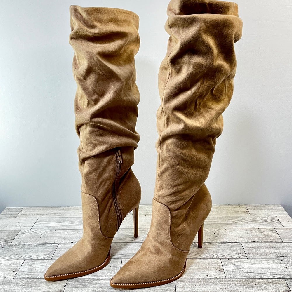 Slouchy Pointed-Toe High Heel Knee Boots - Tan
